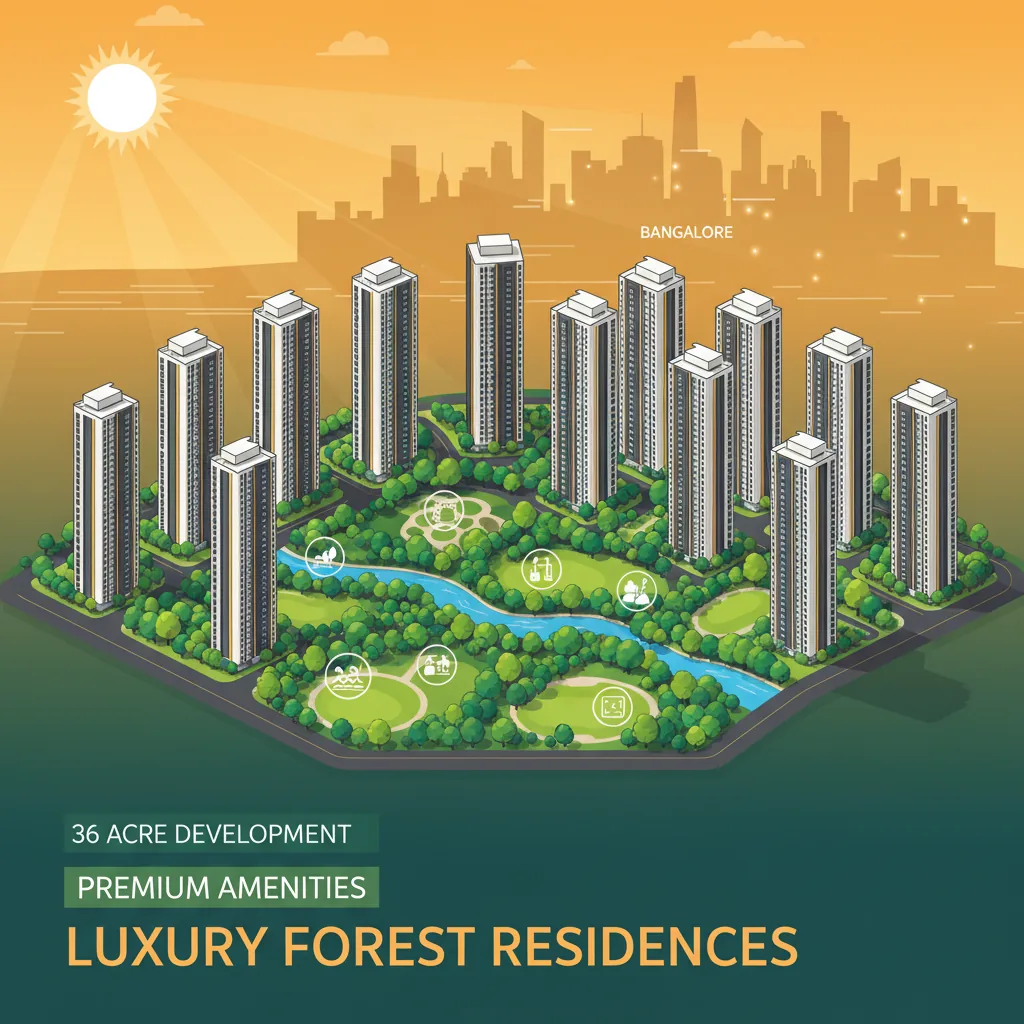 Modern luxury forest-themed residential township with 18 high-rise towers surrounded by dense green trees in South Bangalore