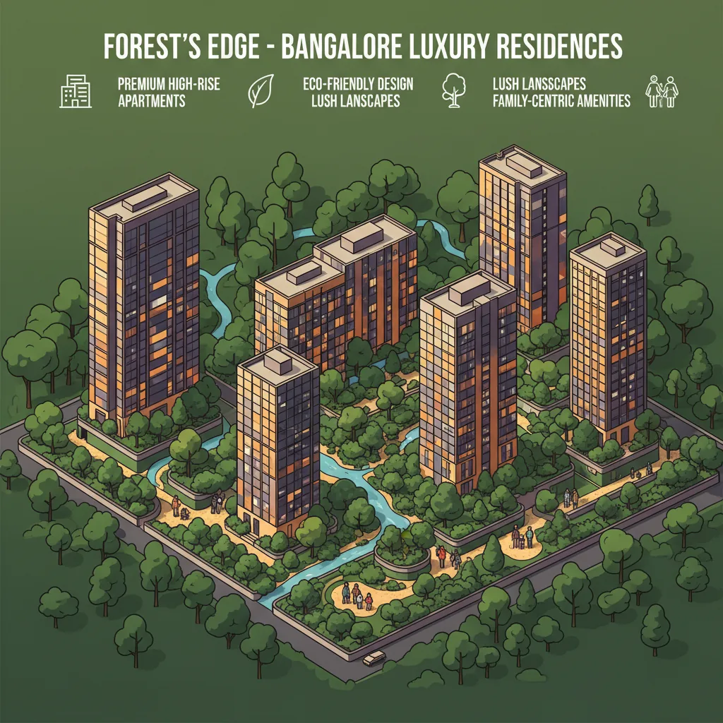 Modern luxury residential apartment complex in Bangalore with lush green landscaping and forest-themed township architecture