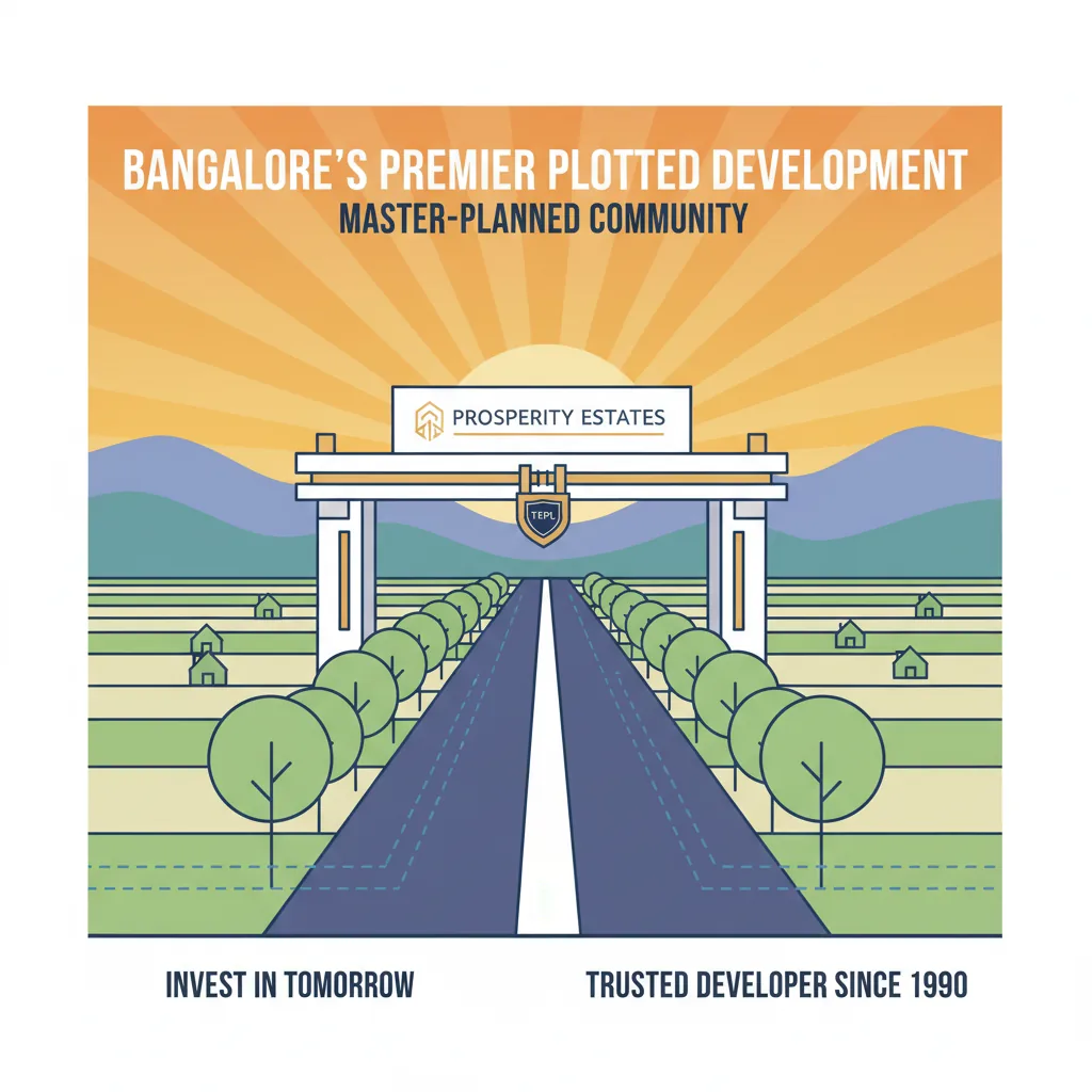 Professional real estate infographic showing master-planned plotted development community in Bangalore with gated entrance, tree-lined roads, and lush green landscapes