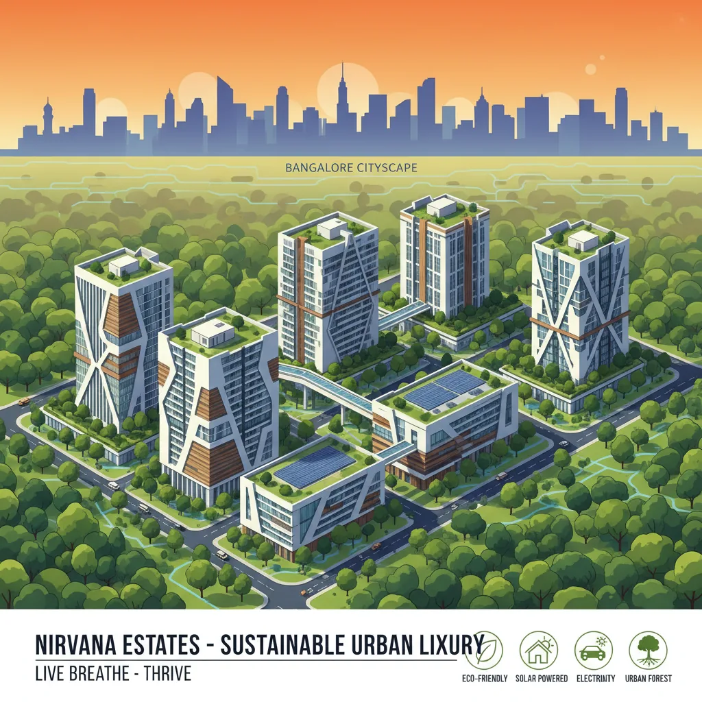 Modern sustainable luxury residential township aerial view showcasing Godrej Properties Bangalore's eco-friendly architecture with lush green urban forest and high-rise towers integrated into nature