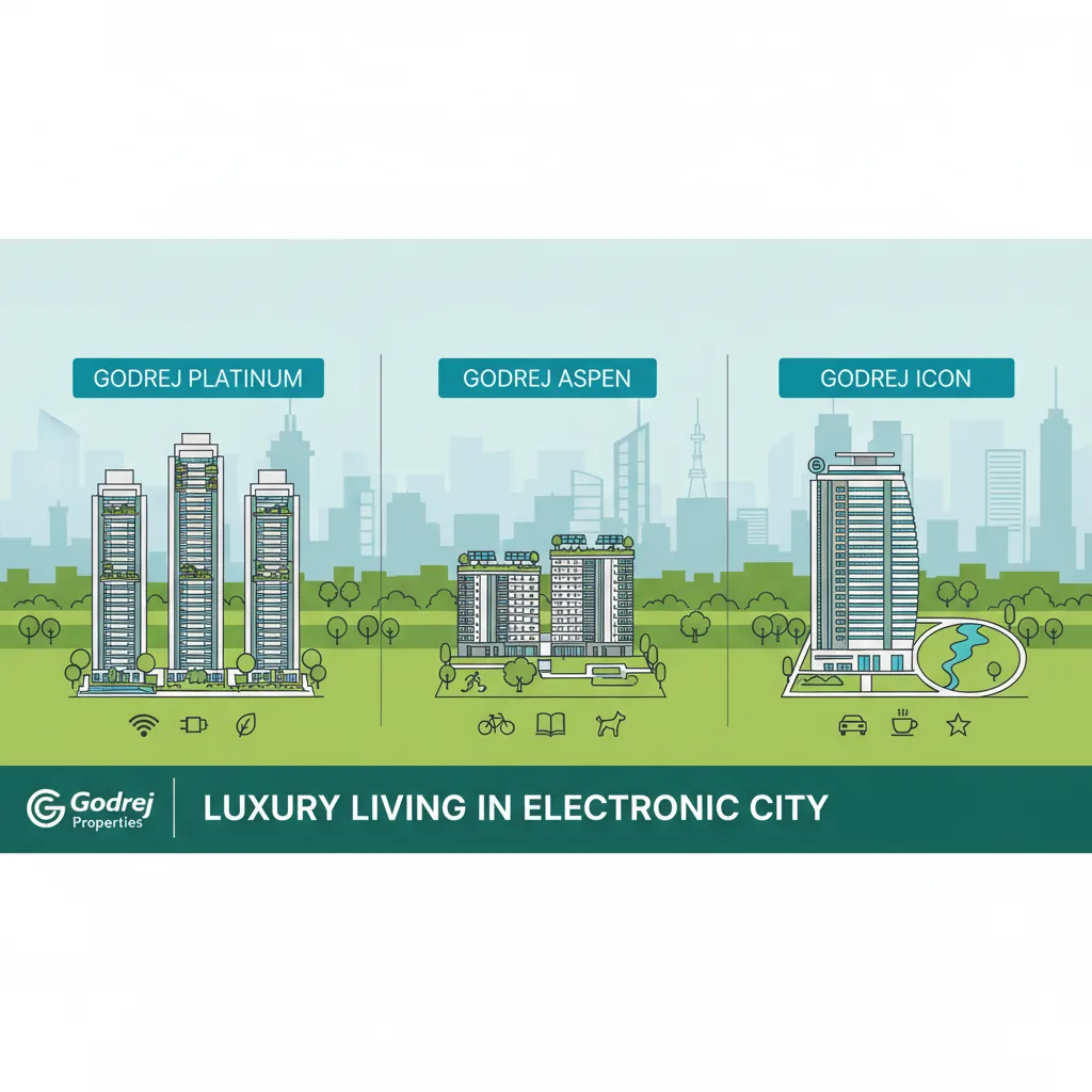 Modern residential real estate infographic showing three luxury Godrej apartment projects in Electronic City Bangalore with green landscape elements