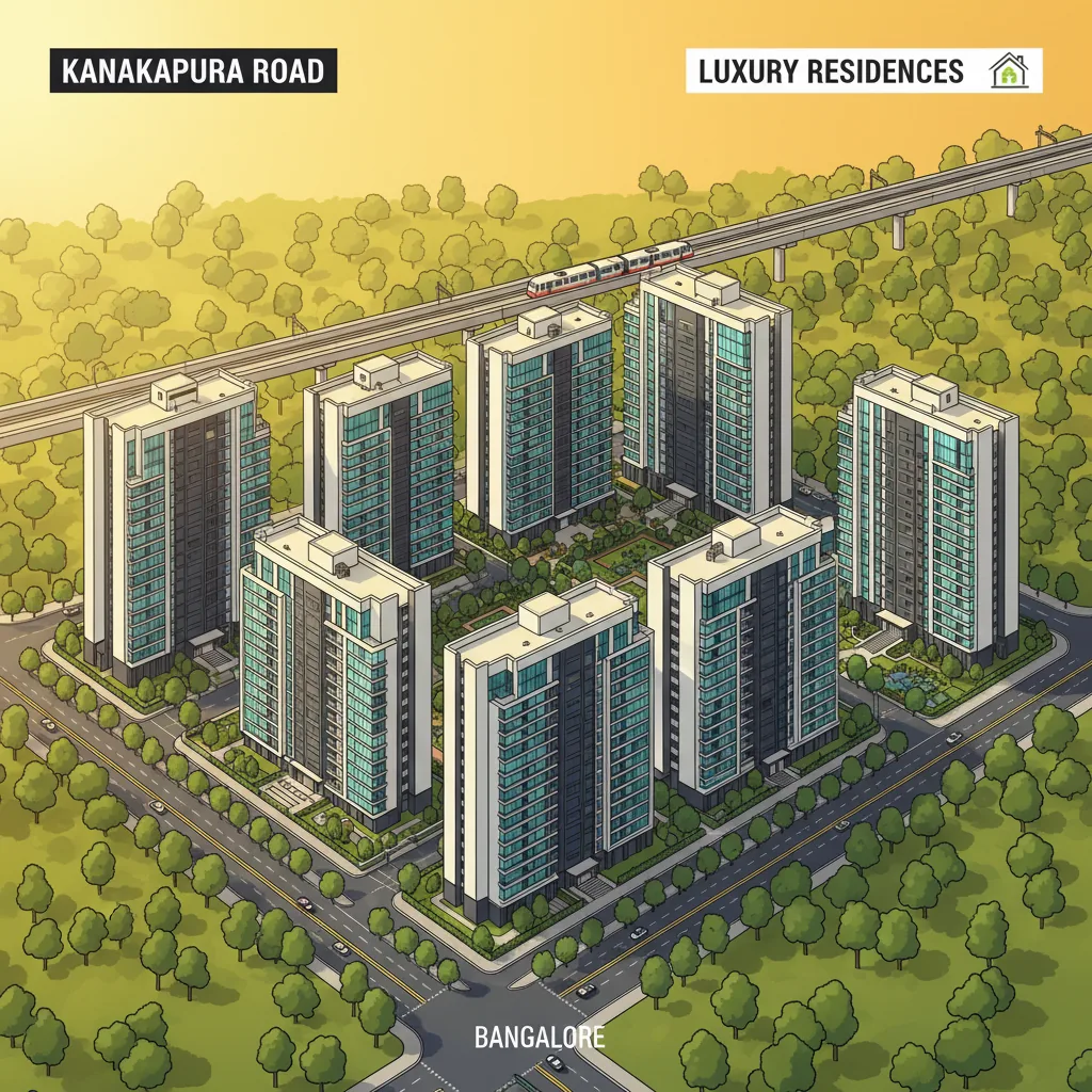 Modern luxury residential apartment complex in Kanakapura Road Bangalore - aerial view with greenery, metro line, and contemporary towers
