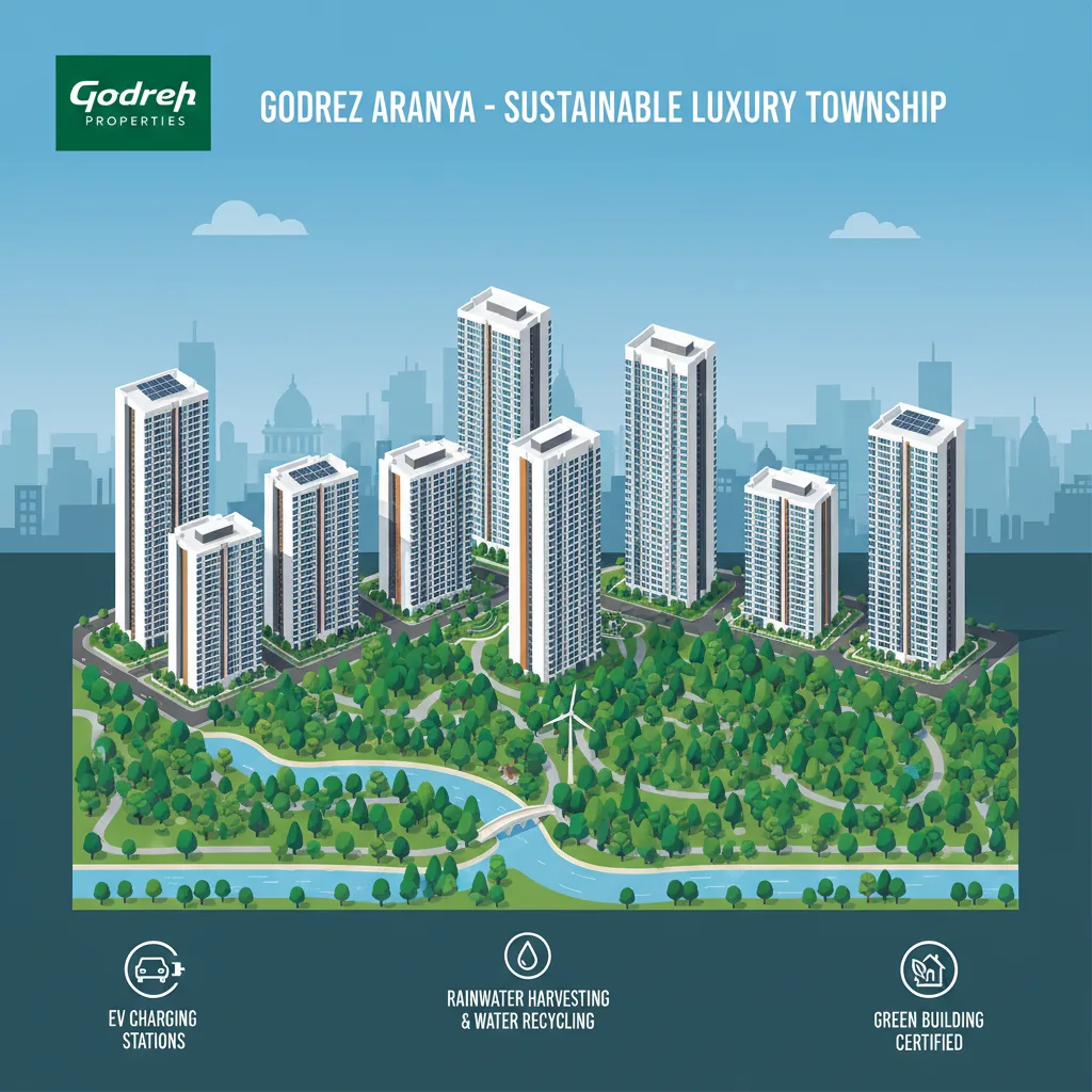 Modern luxury real estate development aerial view, forest-themed sustainable township with high-rise towers surrounded by lush greenery