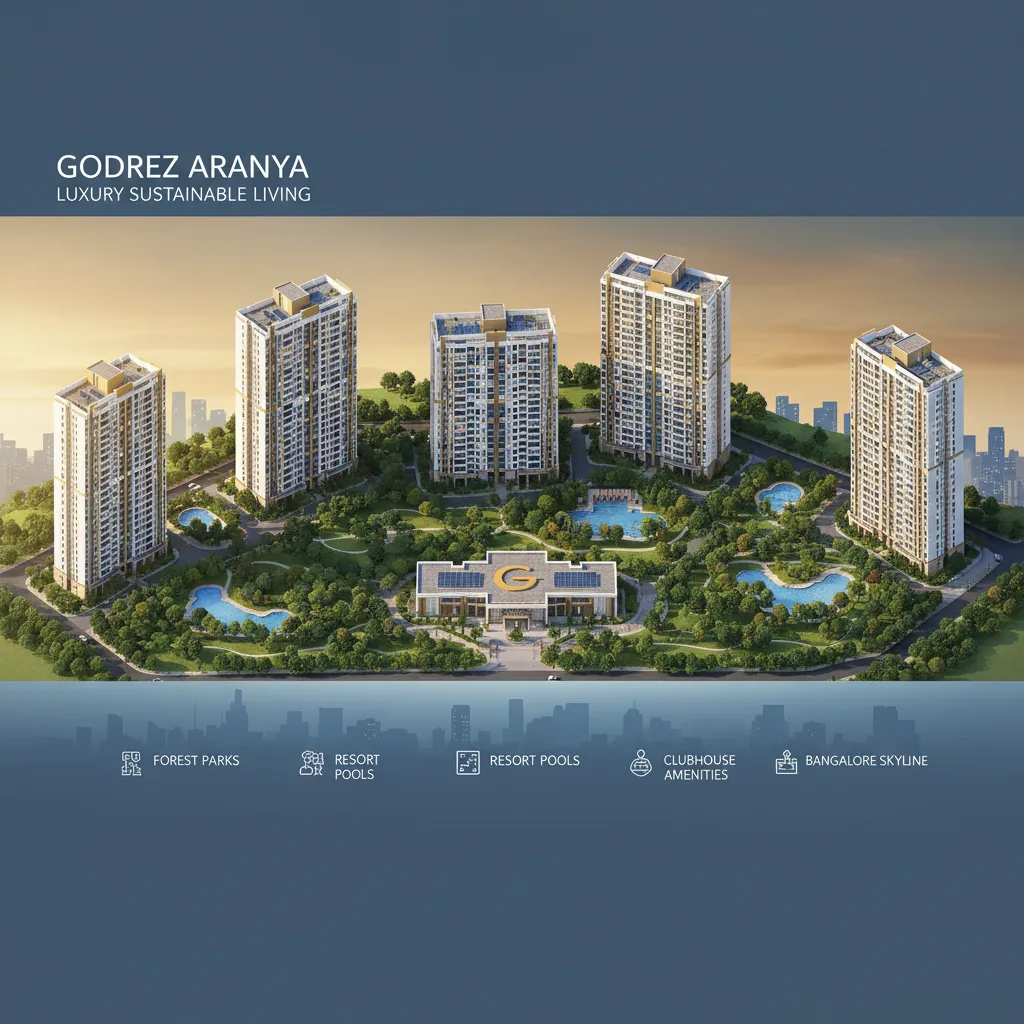 Modern luxury residential township aerial view with high-rise towers, forest-themed parks, and clubhouse amenities - Godrej Residential Projects in Bangalore