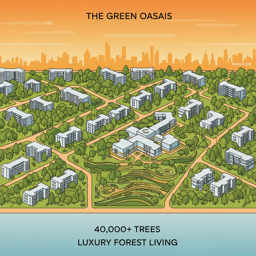 Aerial view of Godrej Vanantara luxury forest-themed residential township with lush greenery and modern apartments at golden hour