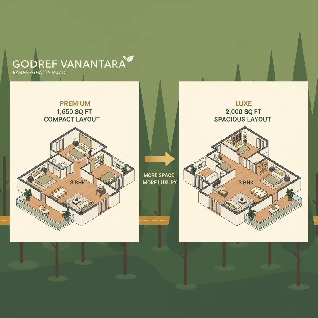 Godrej Vanantara 3 BHK floor plan comparison showing Premium and Luxe layouts