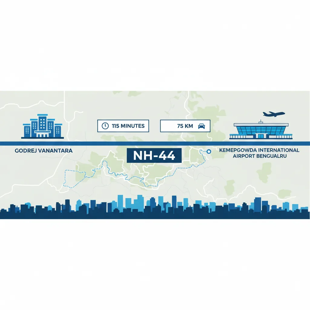 Godrej Vanantara connectivity to Kempegowda International Airport - 75km via NH-44 & NH-48, 115 minutes travel time infographic