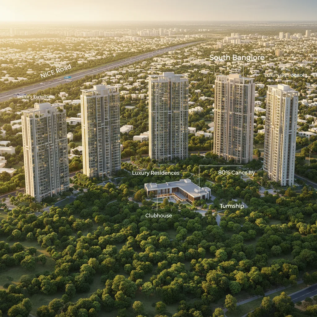 Godrej Vanantara Bannerghatta Road - Aerial view of luxury forest-themed residential township with 36 acres of green space, 18 towers, and premium apartments
