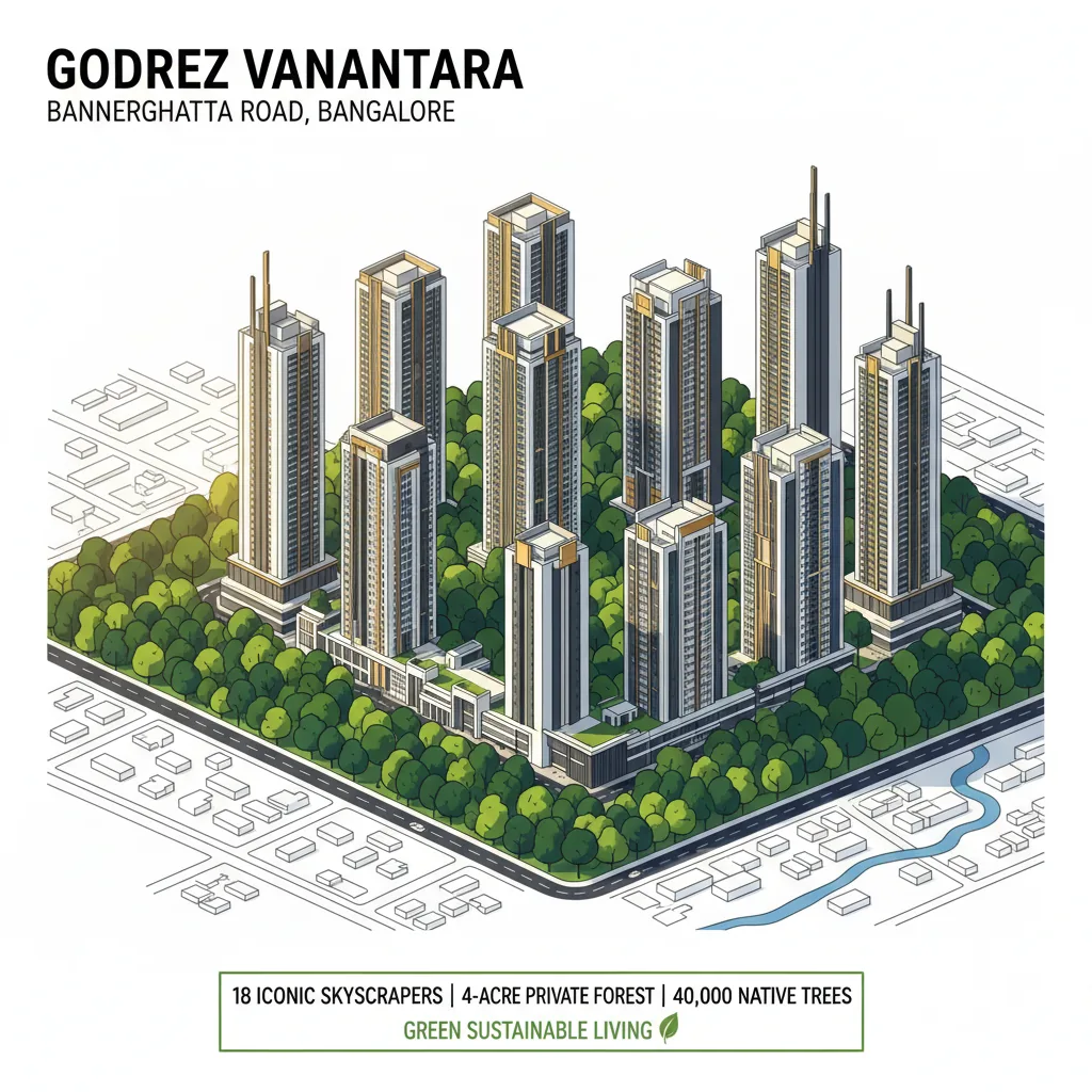 Godrej Vanantara luxury residential towers surrounded by lush Urban Forest greenery with Bangalore skyline at sunset