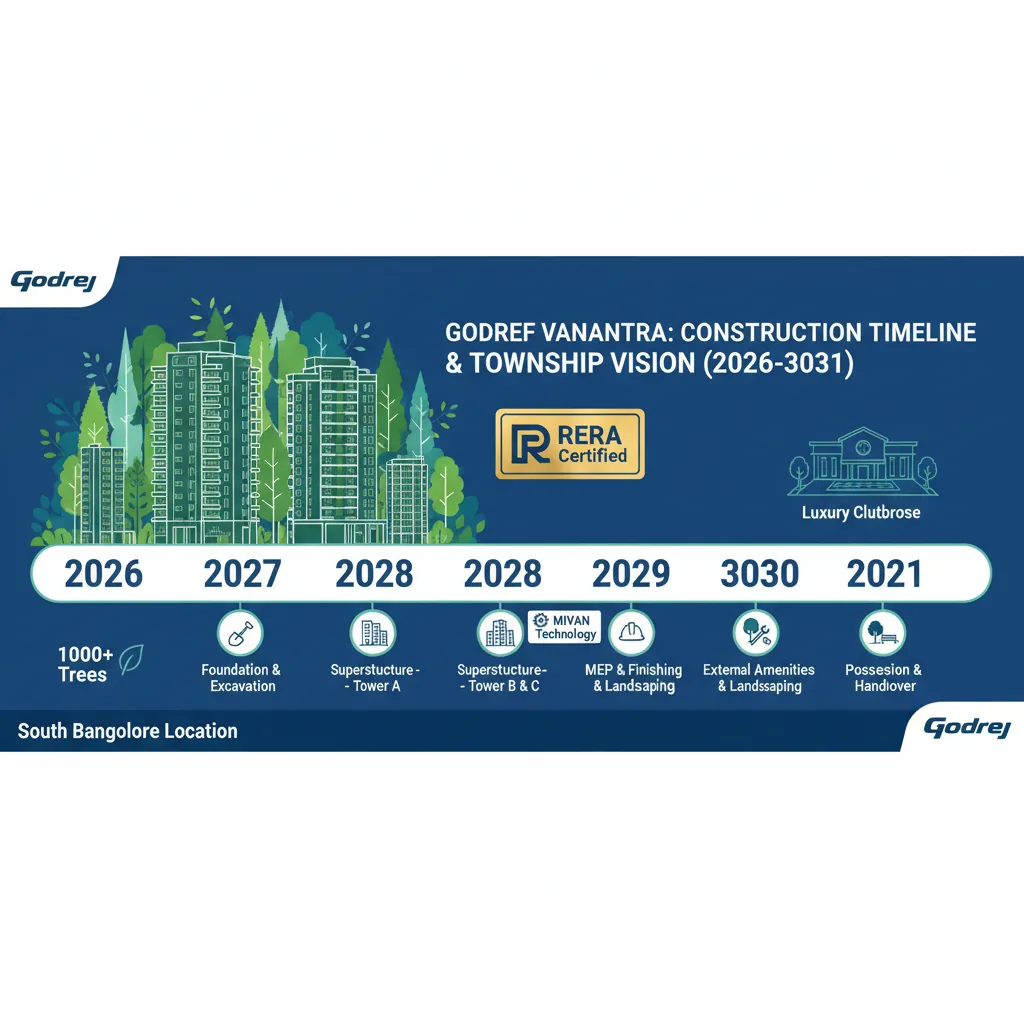 Godrej Vanantara construction timeline infographic showing project milestones from 2026 to 2031 with forest-themed township visualization