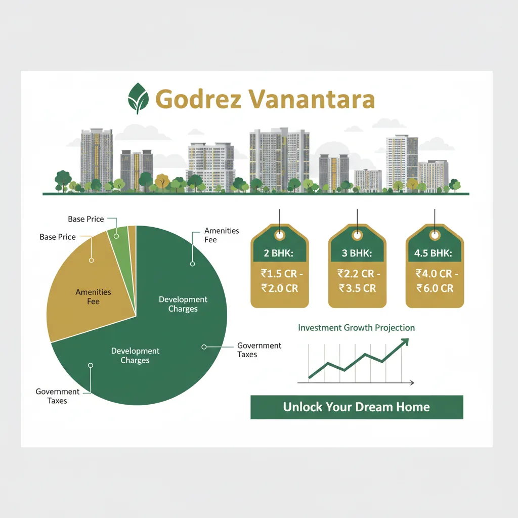 Godrej Vanantara Cost Sheet - Modern infographic showing apartment price breakdown with pie charts for 2/3/4.5 BHK units