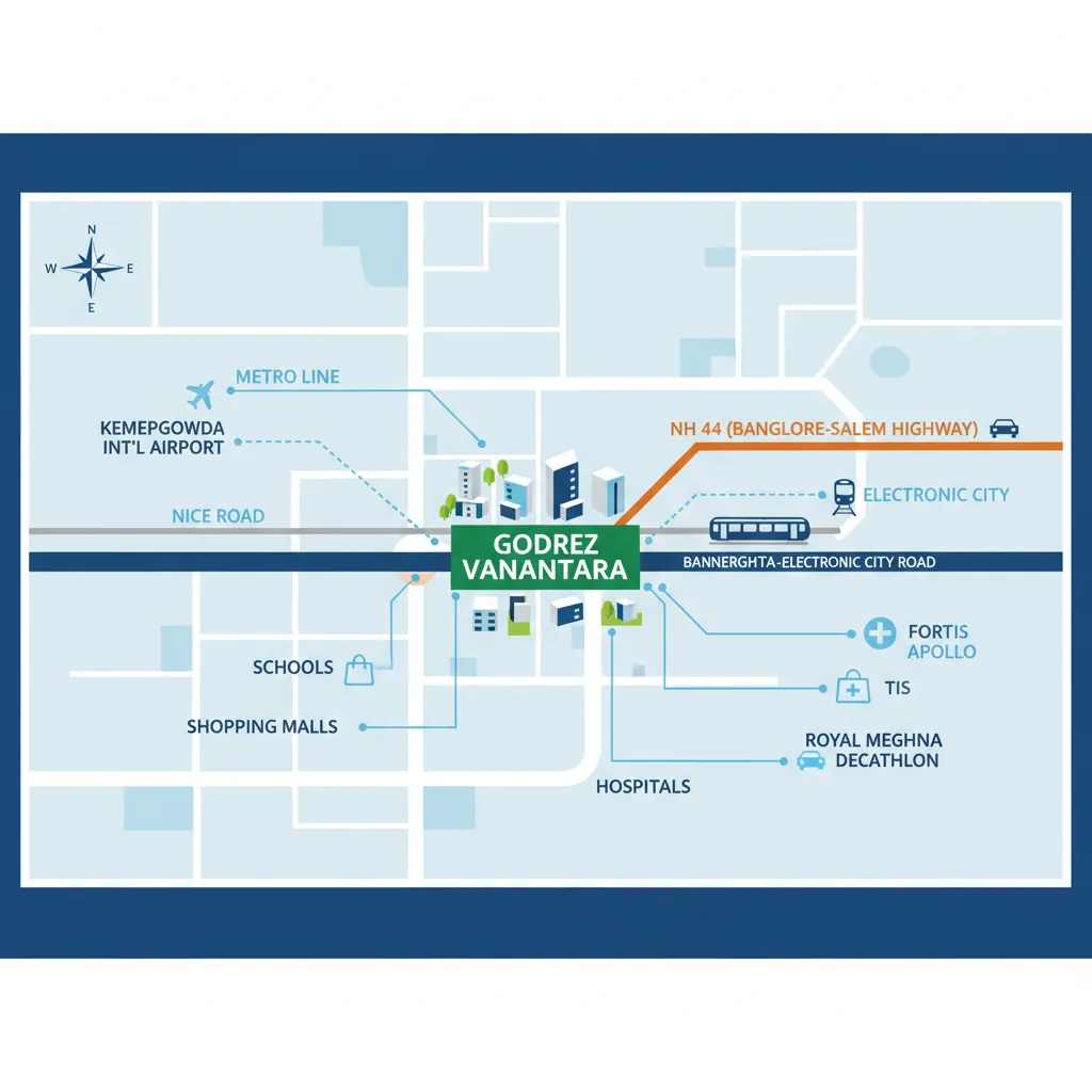Godrej Vanantara location map showing connectivity to metro, airport, highways, hospitals, schools and shopping malls on Bannerghatta-Electronic City Road, South Bangalore