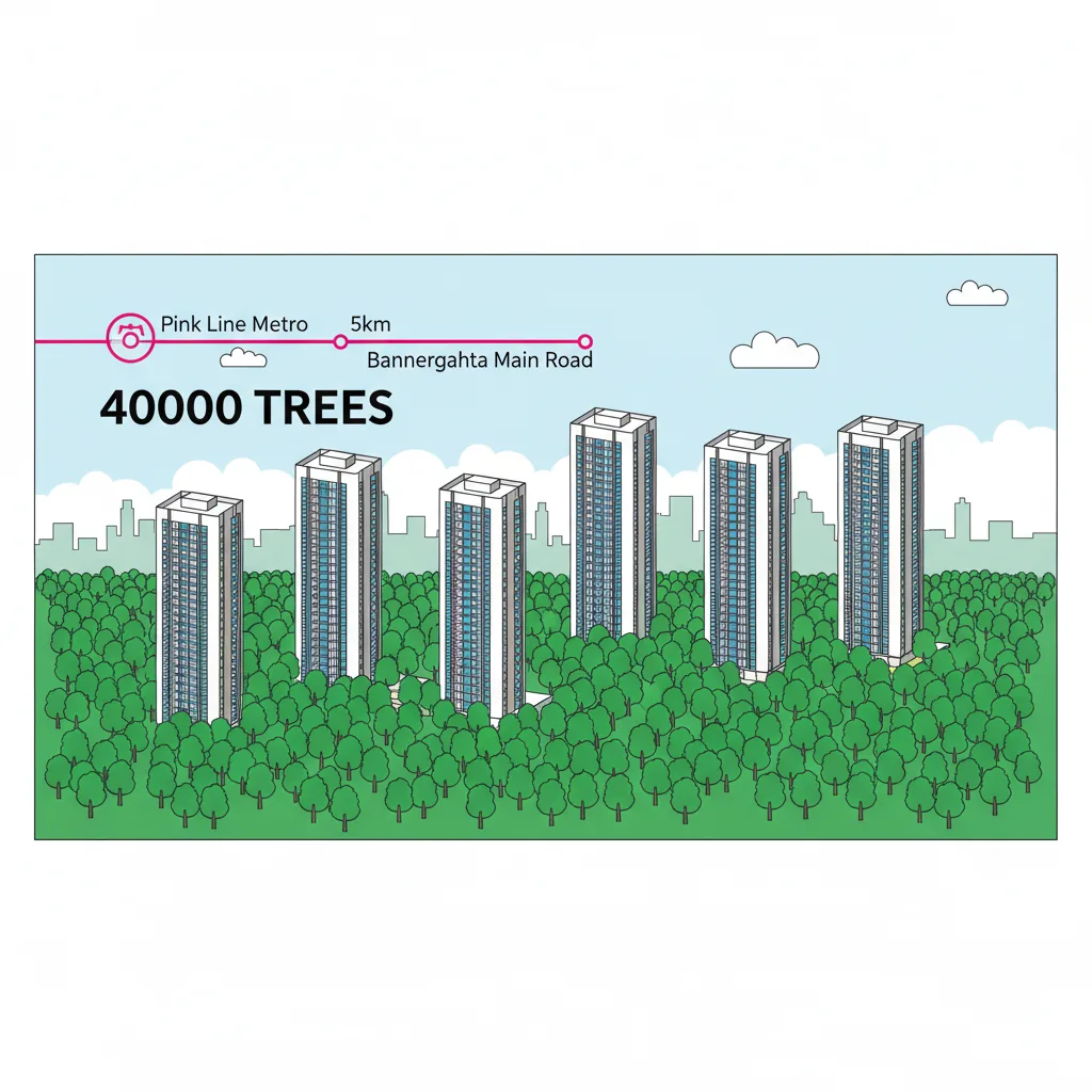 Godrej Vanantara residential towers in forest-themed township with Pink Line Metro connectivity, aerial view showing 18 high-rise towers and 5km metro distance infographic