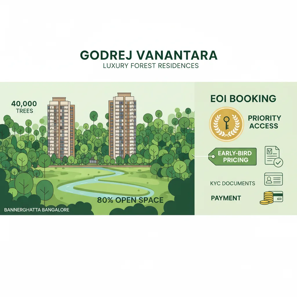 Godrej Vanantara EOI Booking Guide - Priority booking infographic showing forest-themed luxury township with green landscape and premium apartments