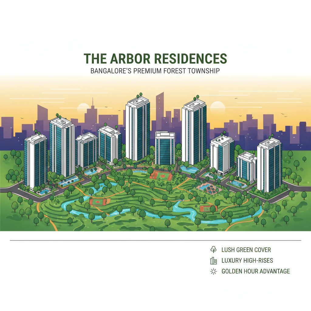 Modern luxury forest-themed residential township aerial view with high-rise towers and lush green landscapes at Godrej Vanantara