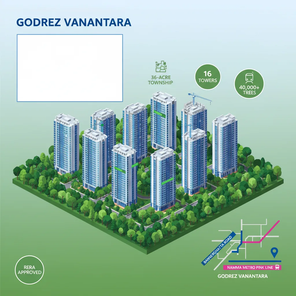 Godrej Vanantara latest news infographic showing luxury residential towers, forest landscape, and project highlights