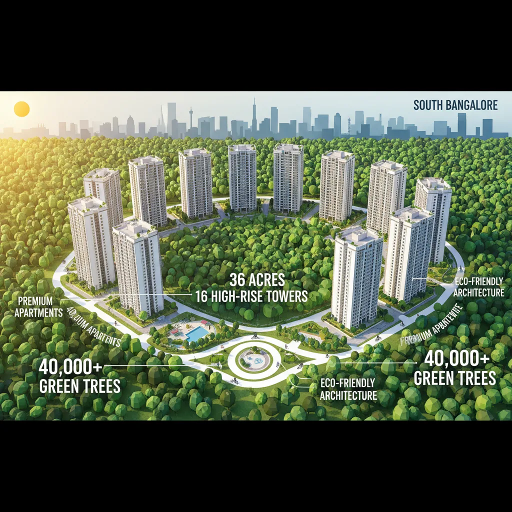 Godrej Vanantara Latest Photos - Aerial view of 36-acre forest-themed residential township with 16 high-rise towers surrounded by 40,000+ trees near NICE Road Junction, Bangalore