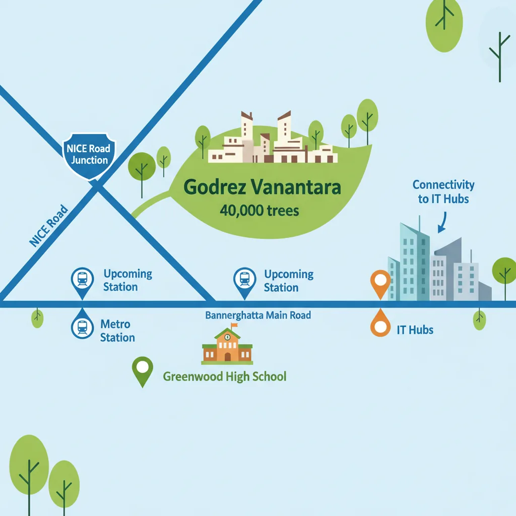 Godrej Vanantara Map - Location map infographic showing Bannerghatta Main Road connectivity, NICE Road Junction, metro stations, and Greenwood High School landmark