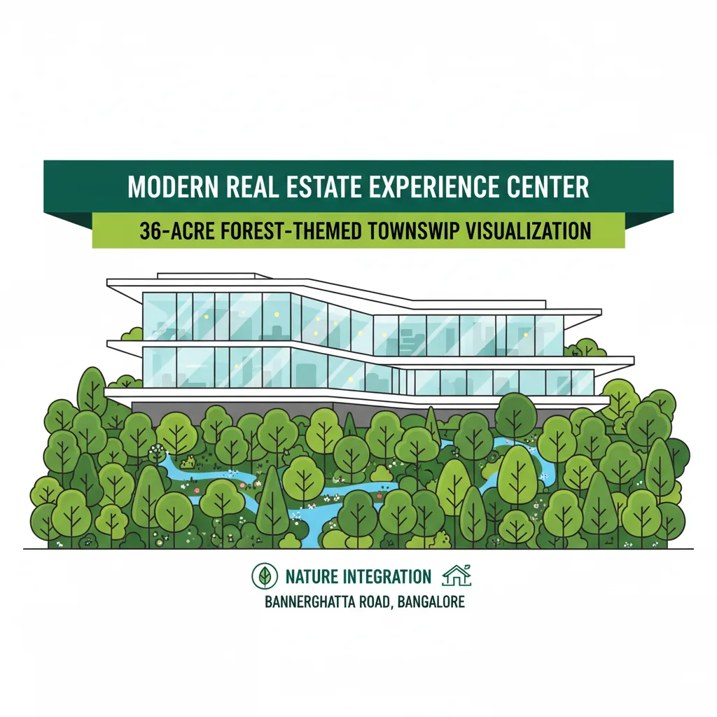 Godrej Vanantara Office - Modern real estate experience center building surrounded by lush green forest landscape on Bannerghatta Road Bangalore