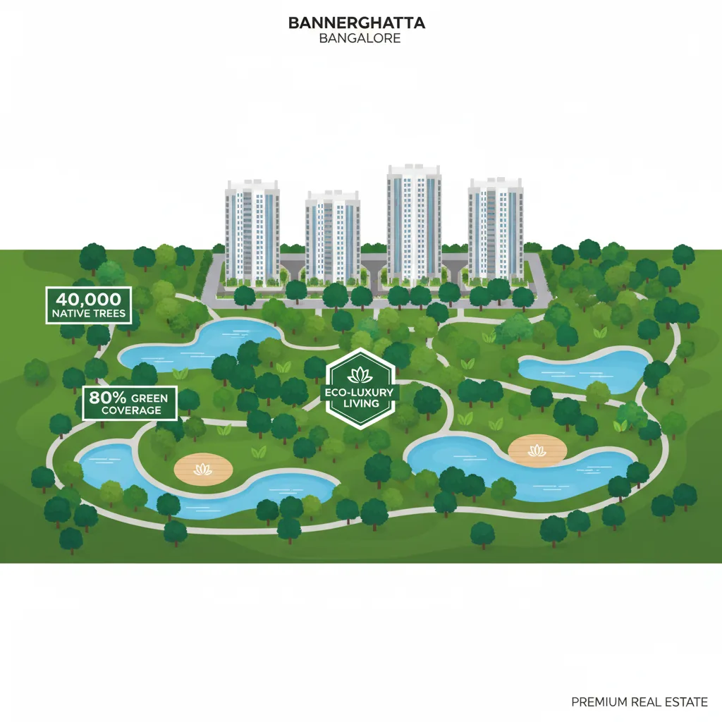Aerial view of Godrej Vanantara luxury residential township showing 80% green open spaces with dense tree canopy and modern high-rise towers