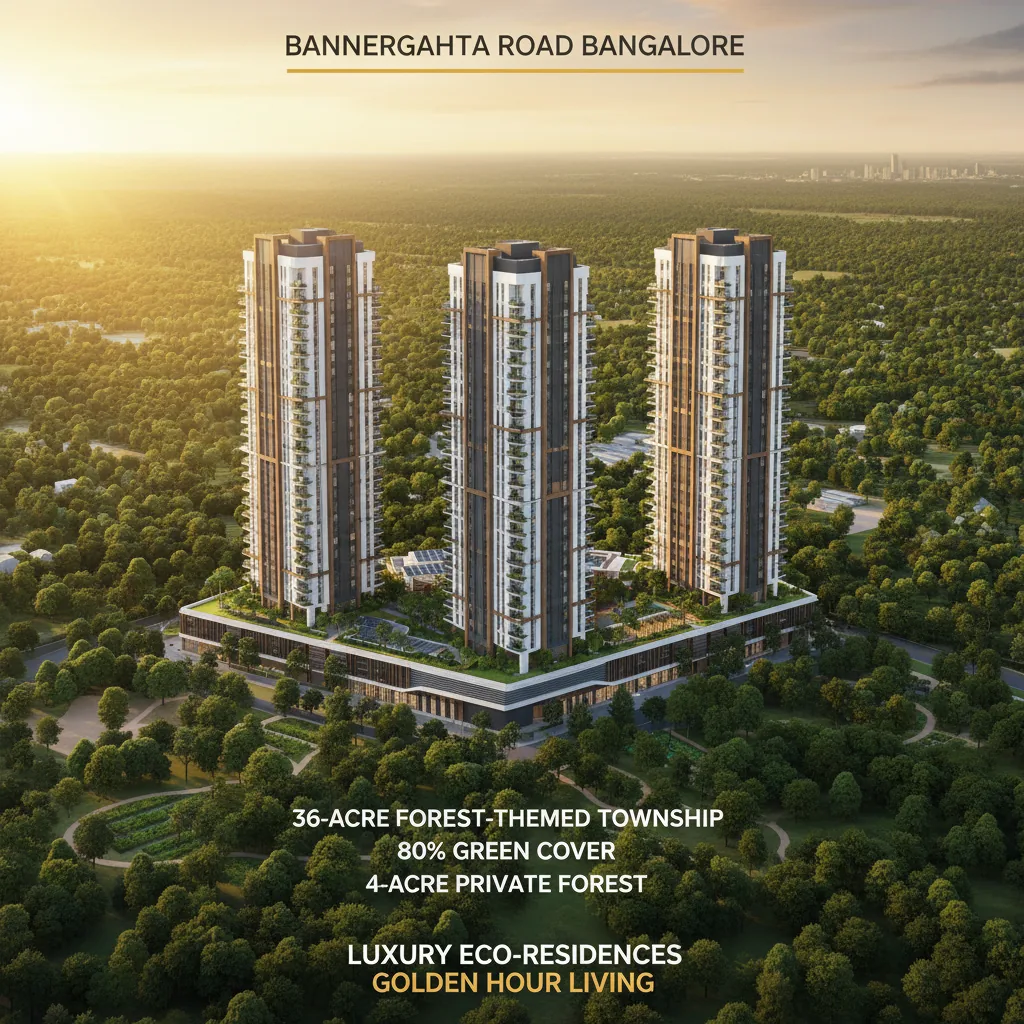 Aerial view of Godrej Vanantara Phase 1 luxury high-rise residential towers surrounded by lush green forest landscape at golden hour