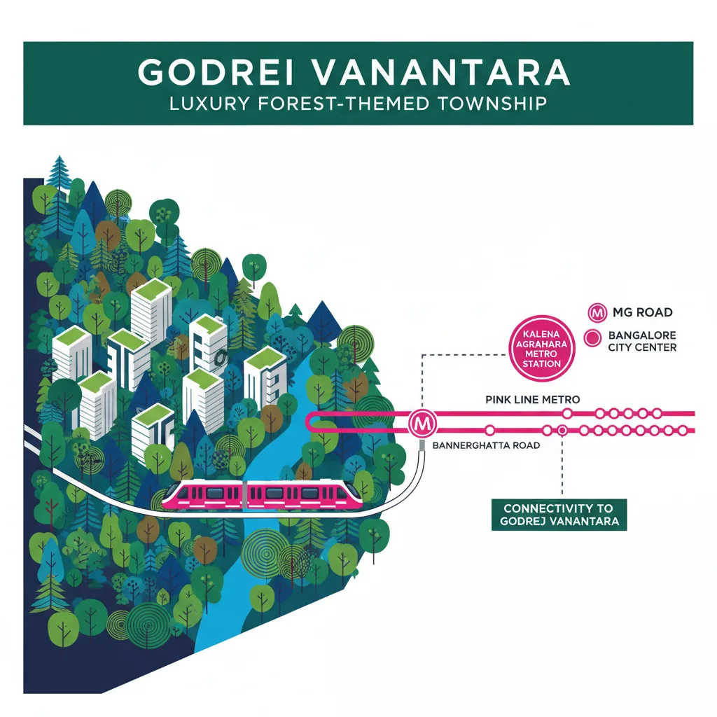 Godrej Vanantara Pink Line Metro Connectivity 2026 - Professional real estate infographic showing the luxury forest-themed township with metro connectivity