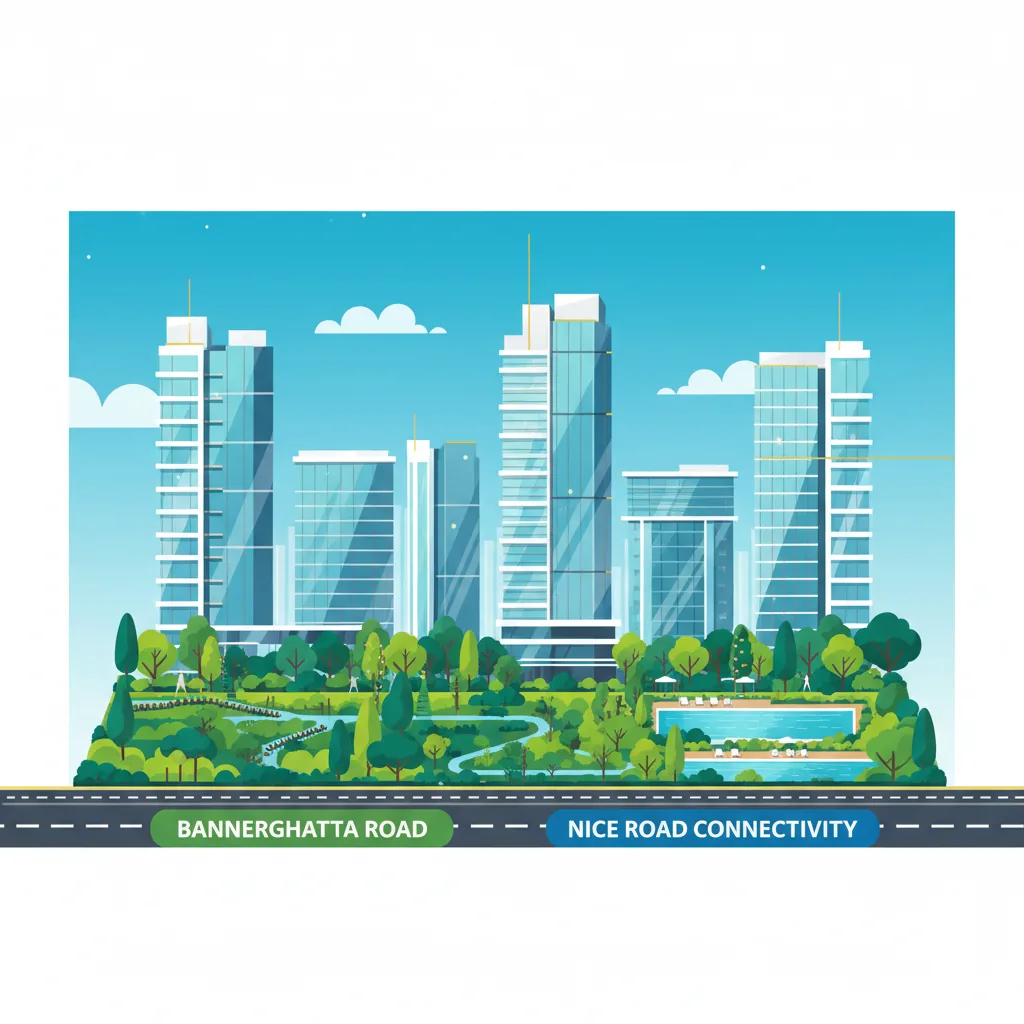 Luxury high-rise residential apartment complex Godrej Vanantara on Bannerghatta Road with forest-themed landscaping and modern glass architecture