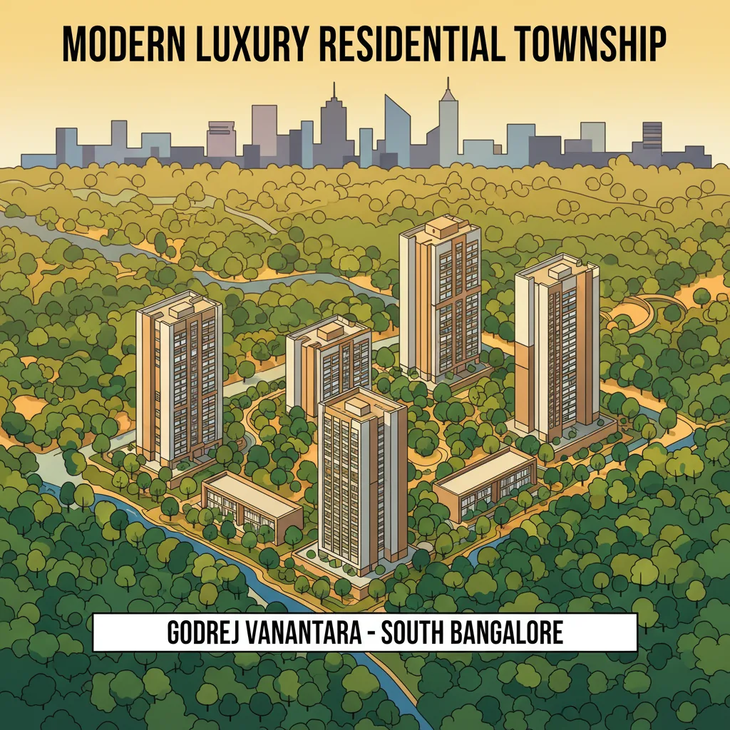 Aerial view of Godrej Vanantara forest-themed luxury residential township in South Bangalore at golden hour, showcasing modern apartment towers nestled among lush greenery