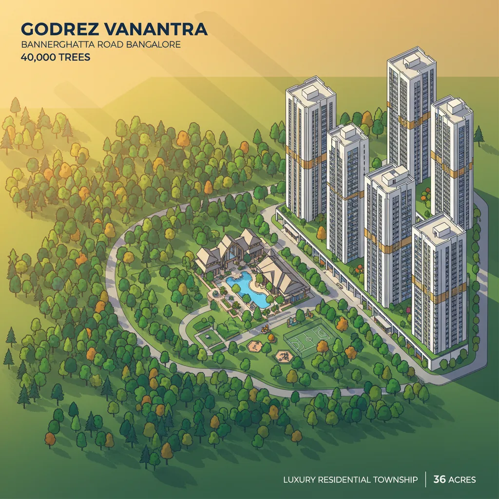 Godrej Vanantara price per sq ft - modern architectural visualization of luxury residential township with high-rise towers, forest landscape, and 36-acre green development on Bannerghatta Road Bangalore