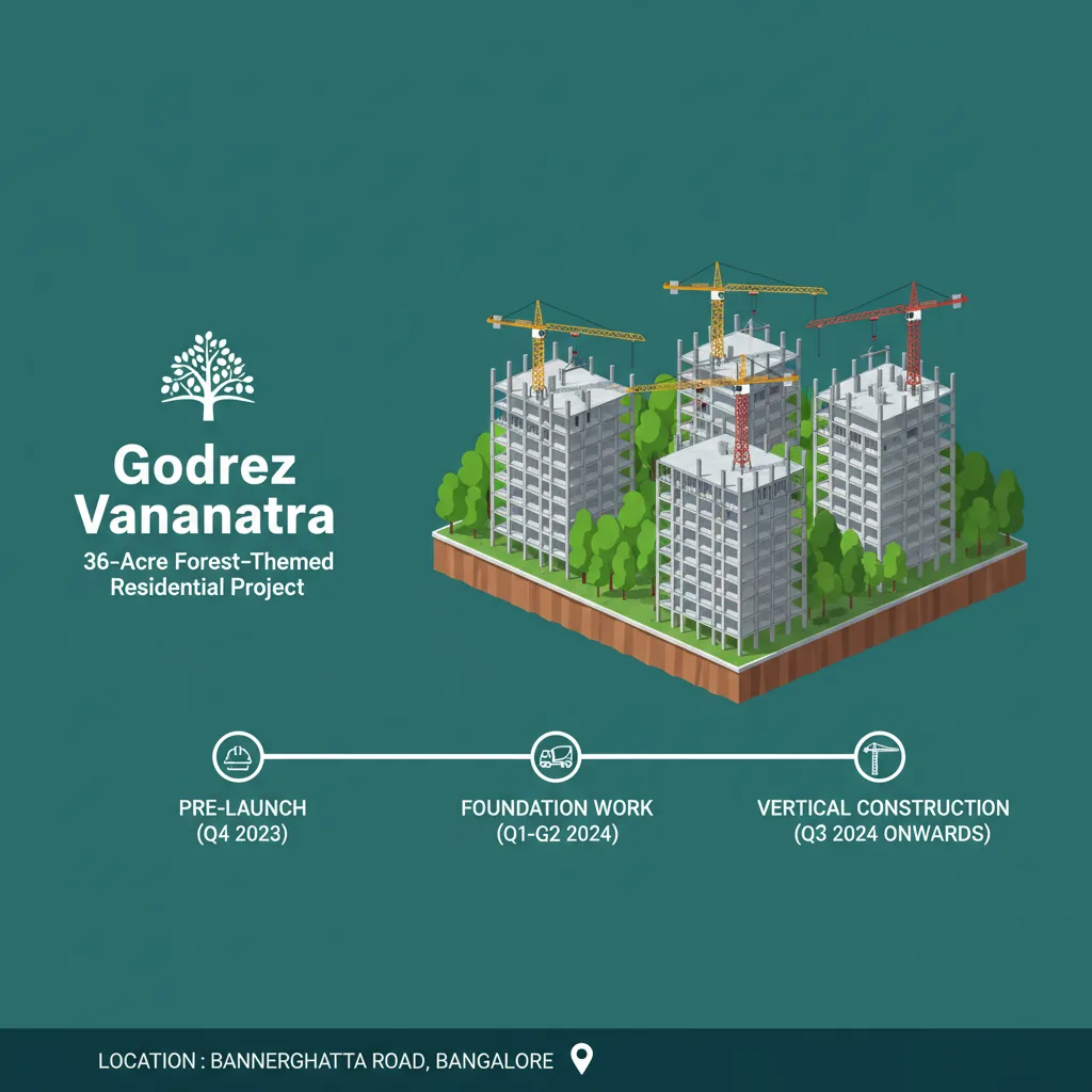 Godrej Vanantara construction site infographic showing project development progress with high-rise towers and forest landscape