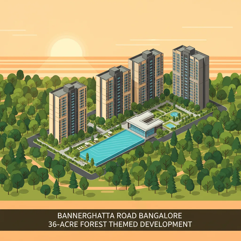 Aerial view of Godrej Vanantara luxury apartment complex surrounded by lush green forest landscape with infinity pool and clubhouse on Bannerghatta Road