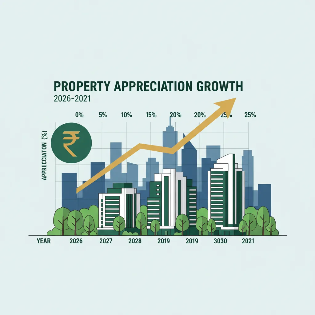 Godrej Vanantara resale value infographic showing property appreciation growth chart from 2026 to 2031 with forest-themed luxury towers