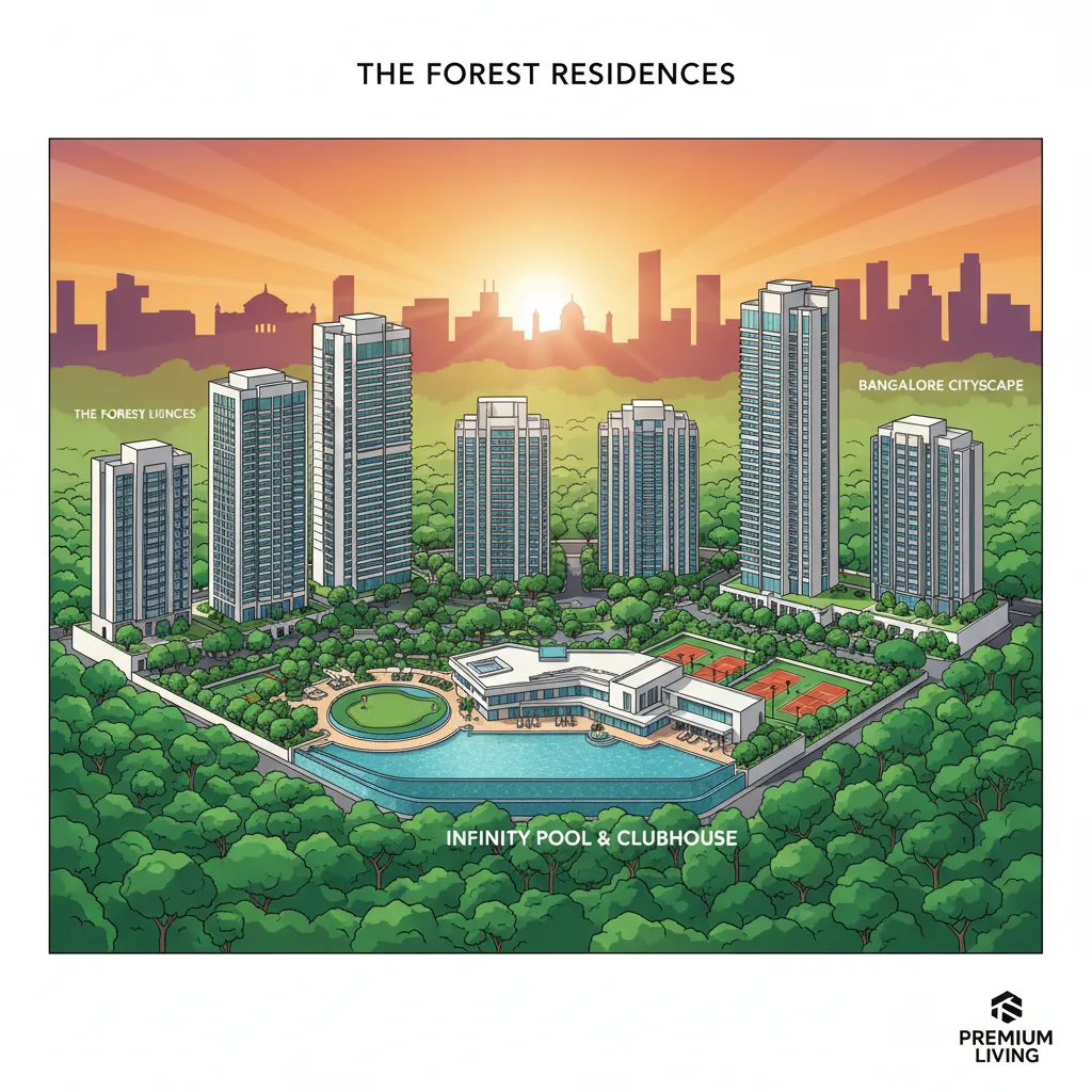 Godrej Vanantara luxury residential township aerial view with forest theme, high-rise towers surrounded by lush green gardens