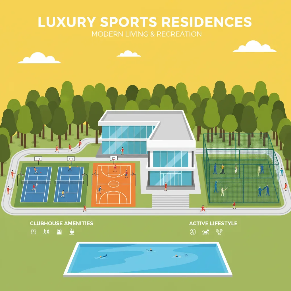 Godrej Vanantara Sports Facilities - Modern residential sports complex with clubhouse, tennis courts, and green landscape
