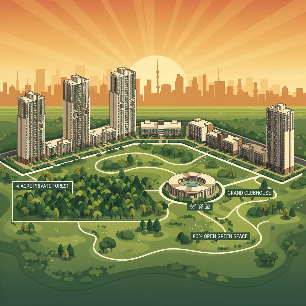 Godrej Vanantara luxury residential township aerial view with 4-acre forest at golden hour