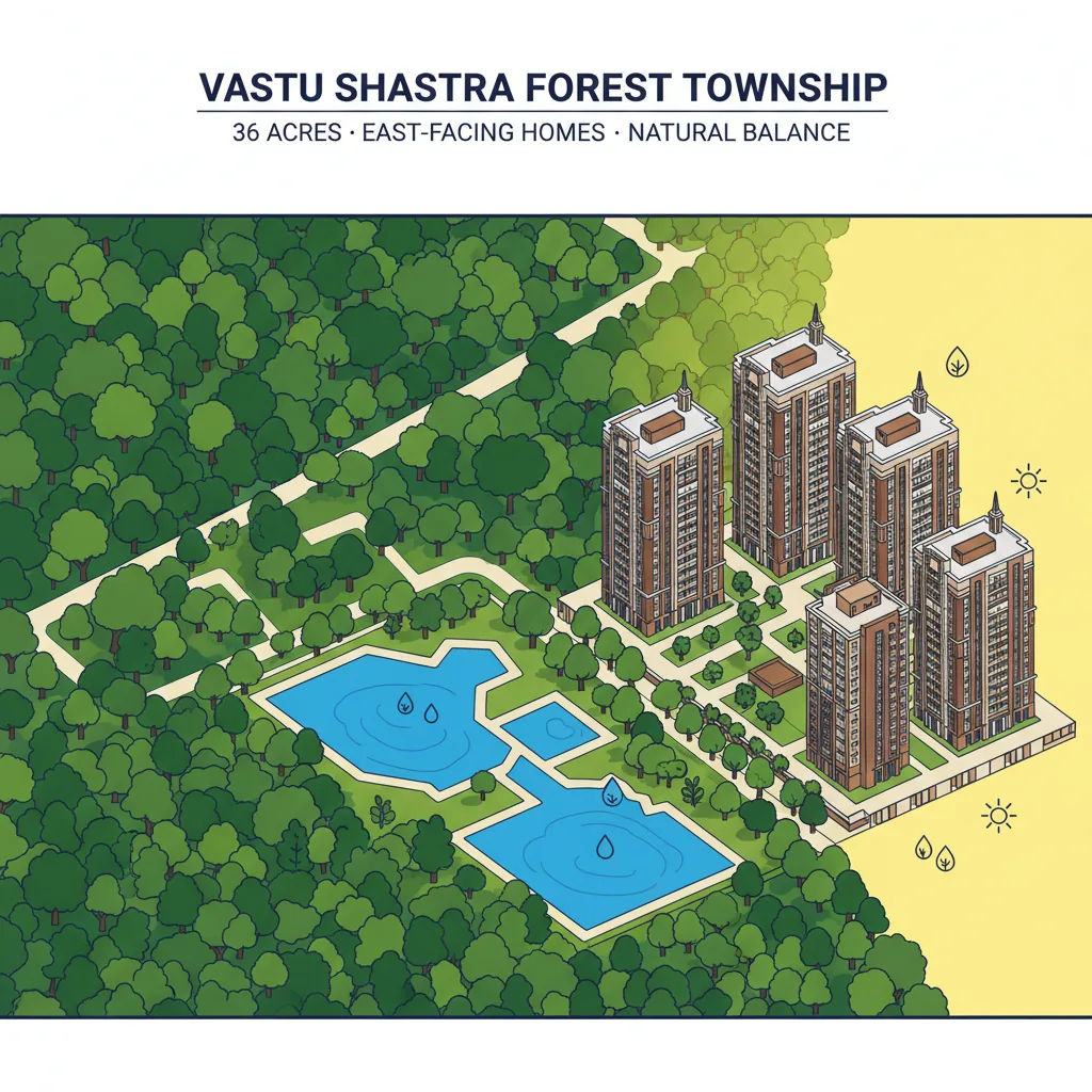 Modern Indian residential high-rise towers in a lush green 36-acre forest township with Vastu Shastra architecture design