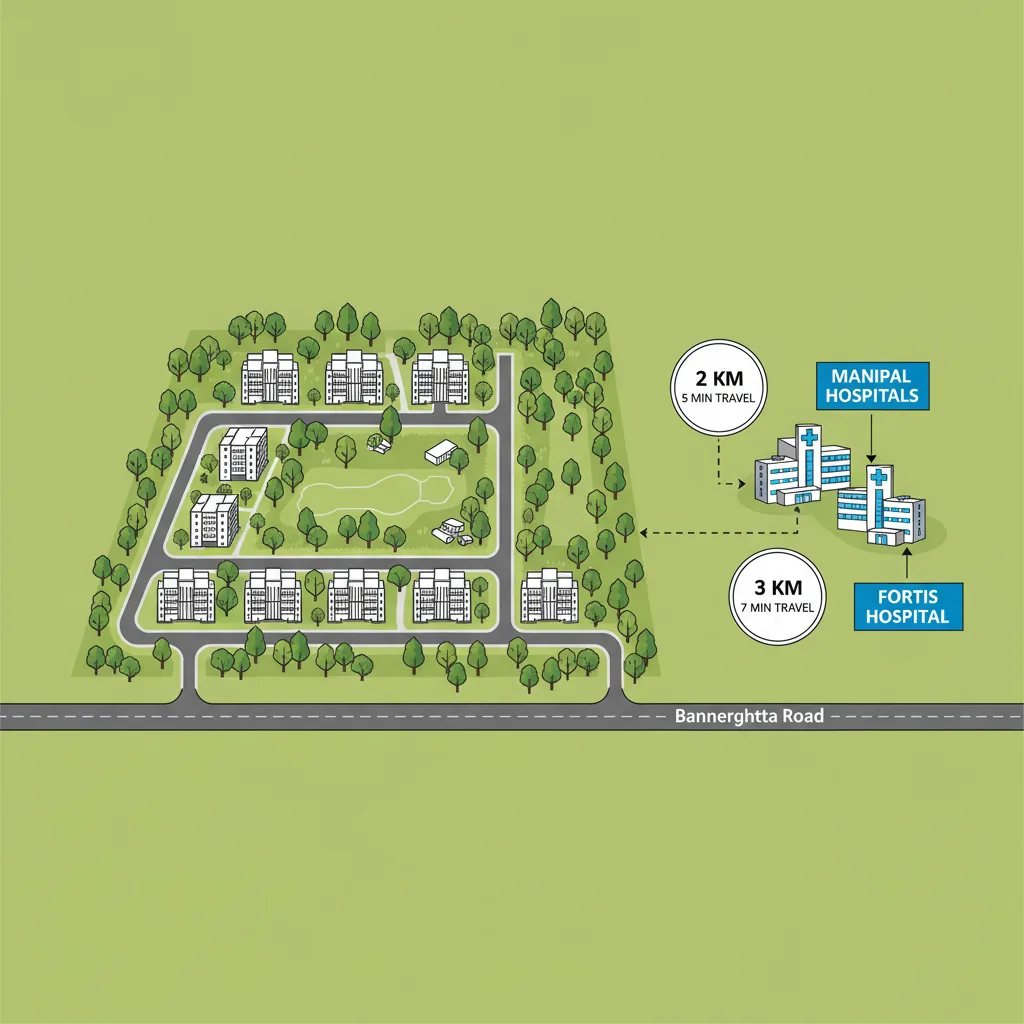 Hospitals Near Godrej Vanantara - Modern infographic showing luxury forest-themed township with nearby medical facilities and distance markers