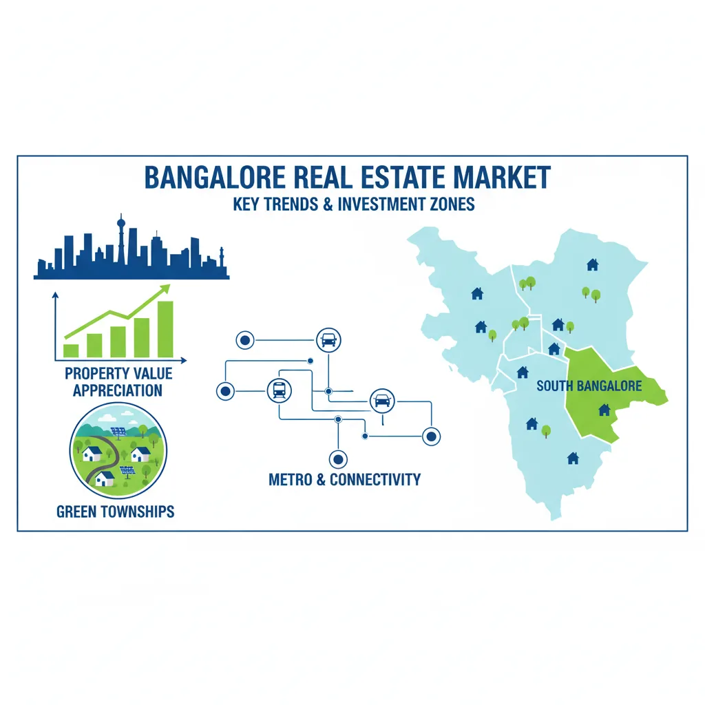 Bangalore real estate market infographic showing cityscape, property growth charts, Metro connectivity, and green township development