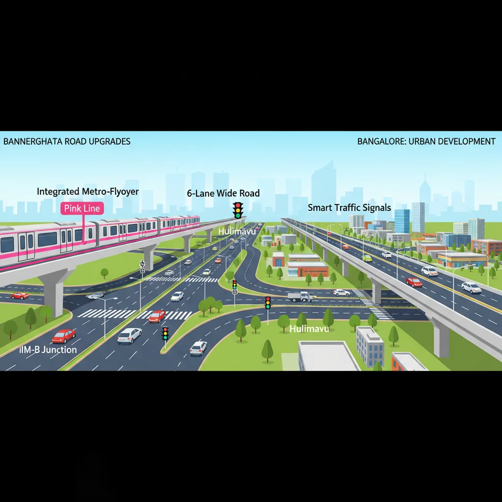 Hulimavu and IIM-B Junction Updates & Commute Improvements 2026 - Modern infrastructure infographic showing Bannerghatta Road upgrades in Bangalore with integrated metro-flyover, 6-lane wide roads, and smart traffic signals