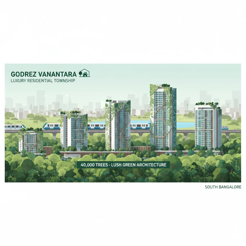 Modern luxury residential township Godrej Vanantara with metro train in background, lush green forest-themed architecture with 40,000 trees, premium high-rise towers