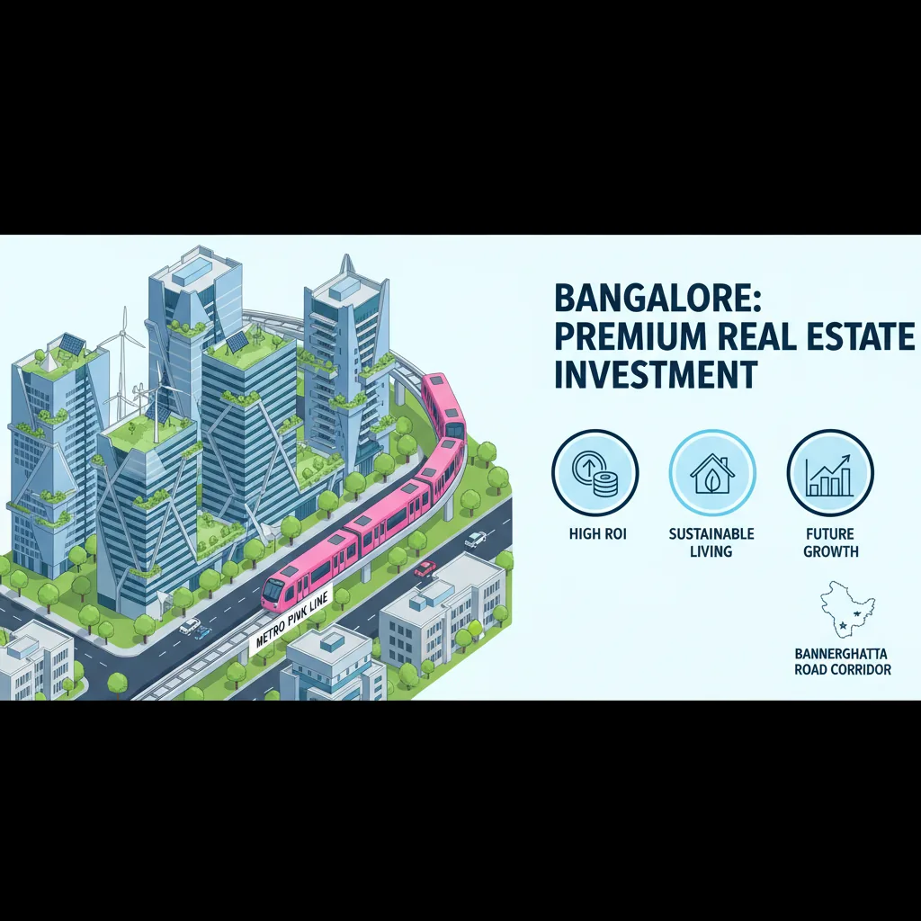 Modern Bangalore cityscape with luxury residential towers, Metro Pink Line, and sustainable green architecture on Bannerghatta Road