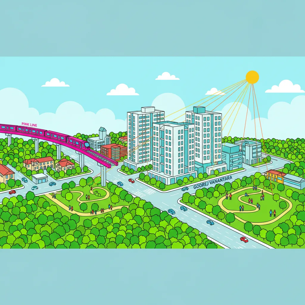 Aerial view of South Bangalore residential area with Pink Line Metro, lush greenery, and luxury apartments