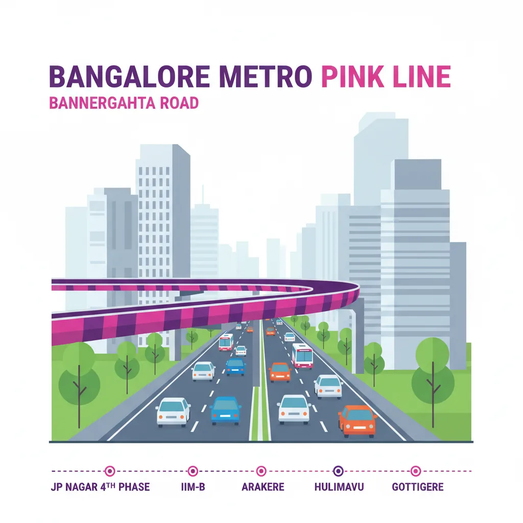 Bangalore Metro Pink Line on Bannerghatta Road infographic showing elevated metro tracks with residential towers