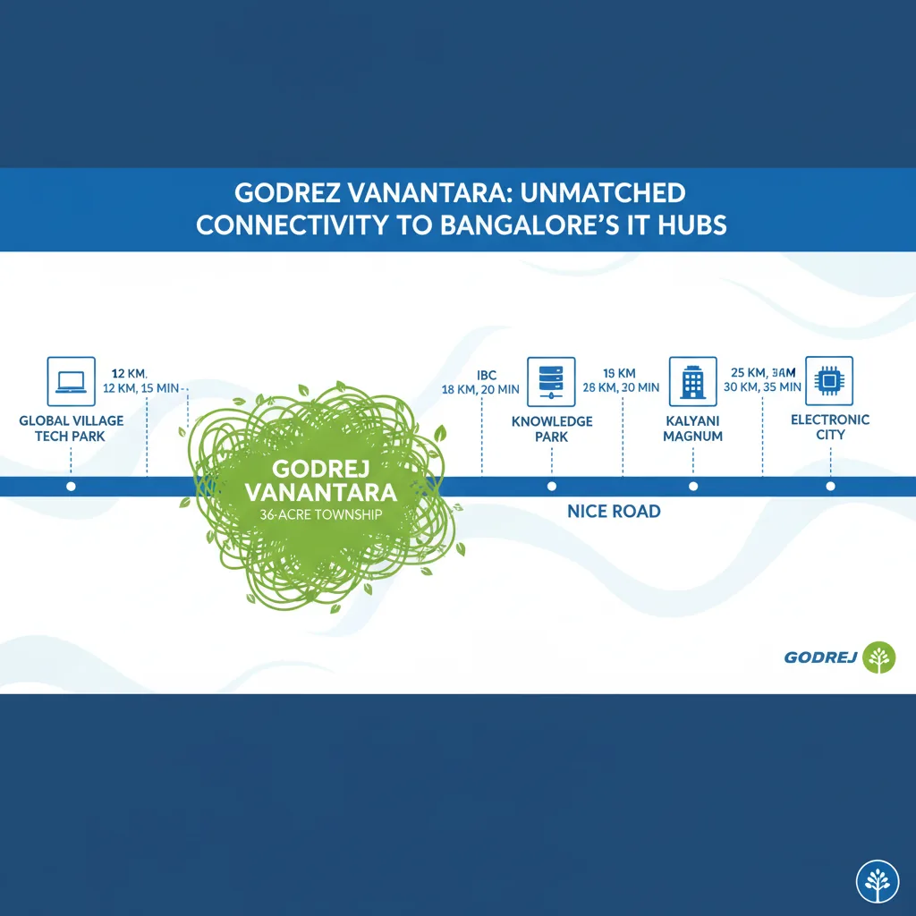 IT Hubs Near Godrej Vanantara - Modern infographic showing connectivity to Electronic City, Kalyani Magnum, IBC Knowledge Park, and Global Village Tech Park via NICE Road