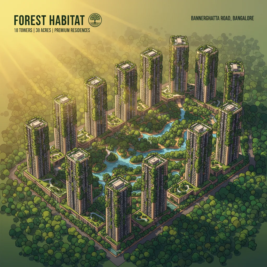 Modern luxury residential apartment complex with forest-themed high-rise towers in Bannerghatta Road Bangalore