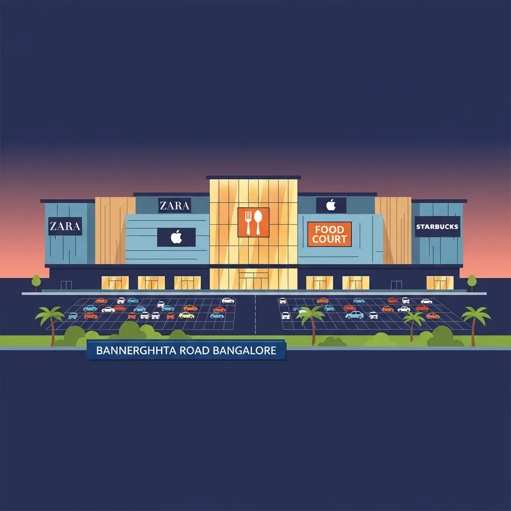 Top Malls Near Godrej Vanantara - Modern shopping mall exterior at dusk in Bannerghatta Road, Bangalore