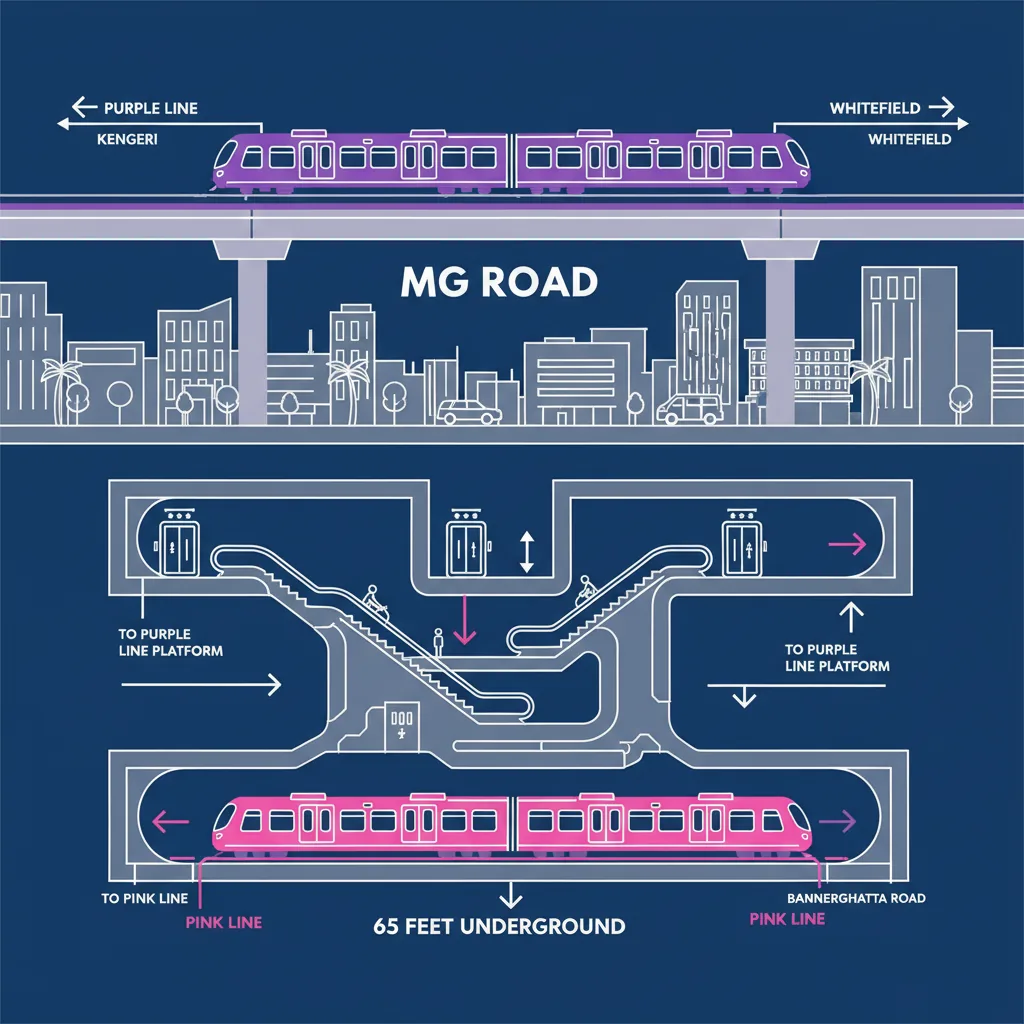 Namma Metro Pink Line connecting to Purple Line at MG Road interchange in Bangalore