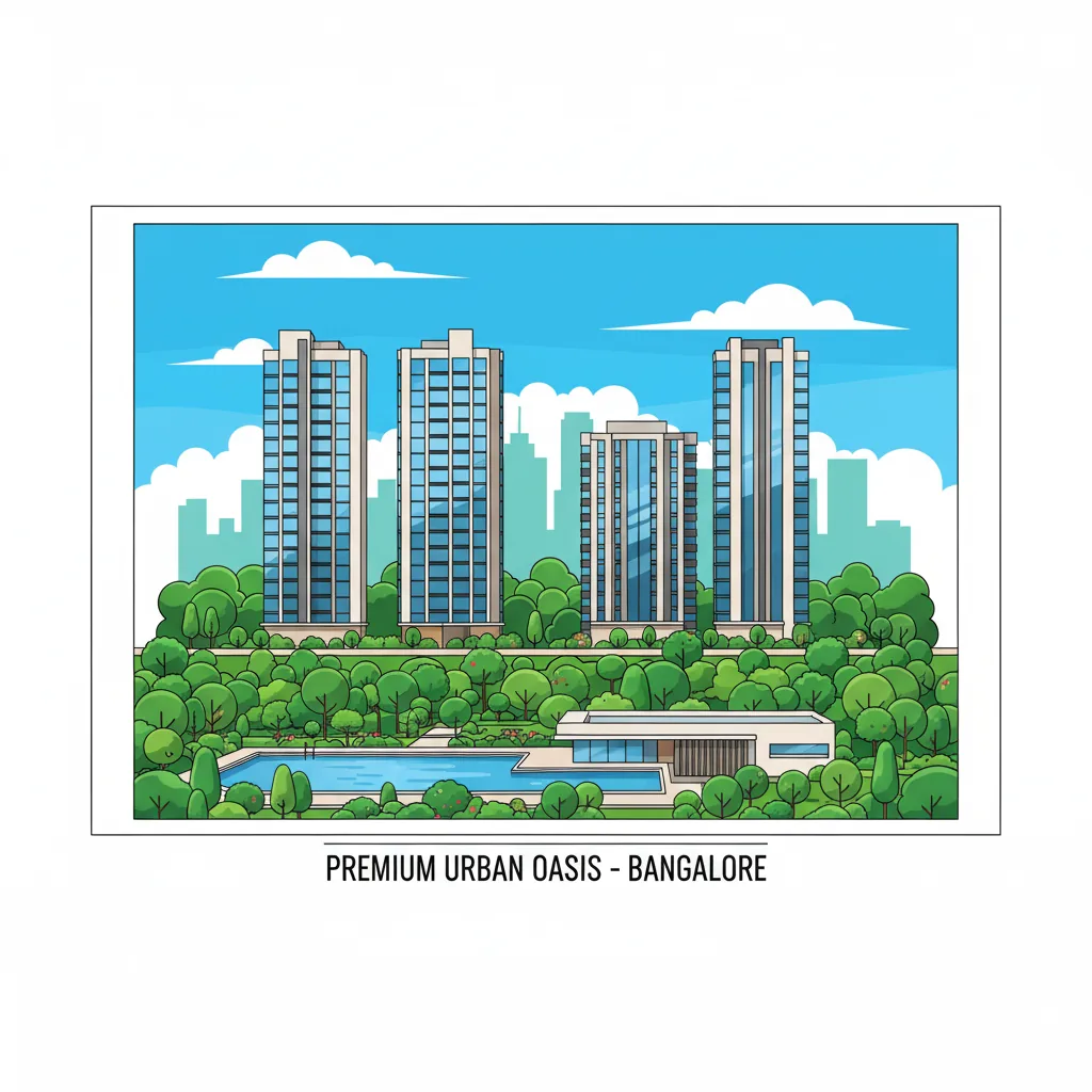 Modern luxury residential apartment complex in Bangalore India, high-rise towers with glass facades surrounded by lush green trees, forest-themed township with swimming pool and clubhouse visible, professional real estate marketing visual