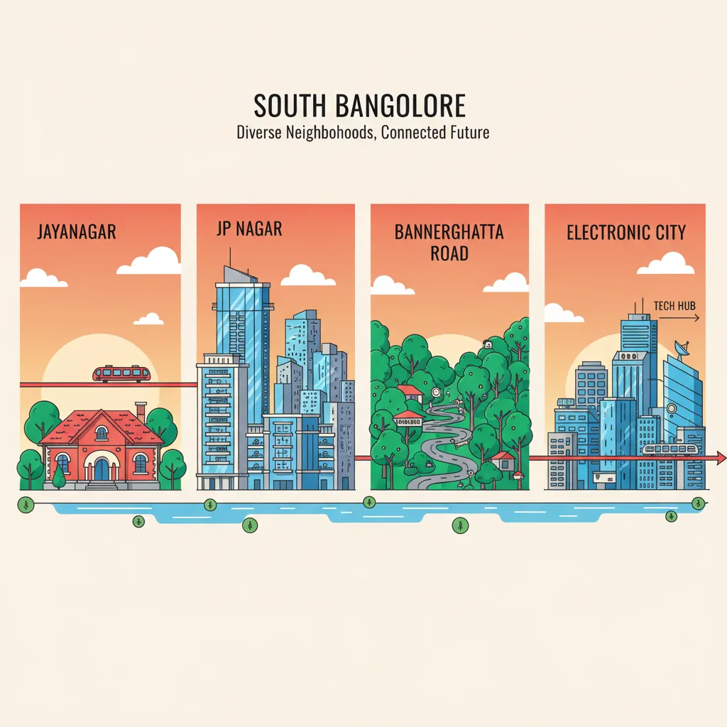 Which are the Places in South Bangalore? - Infographic showing diverse neighborhoods including Jayanagar, JP Nagar, Bannerghatta Road, and Electronic City