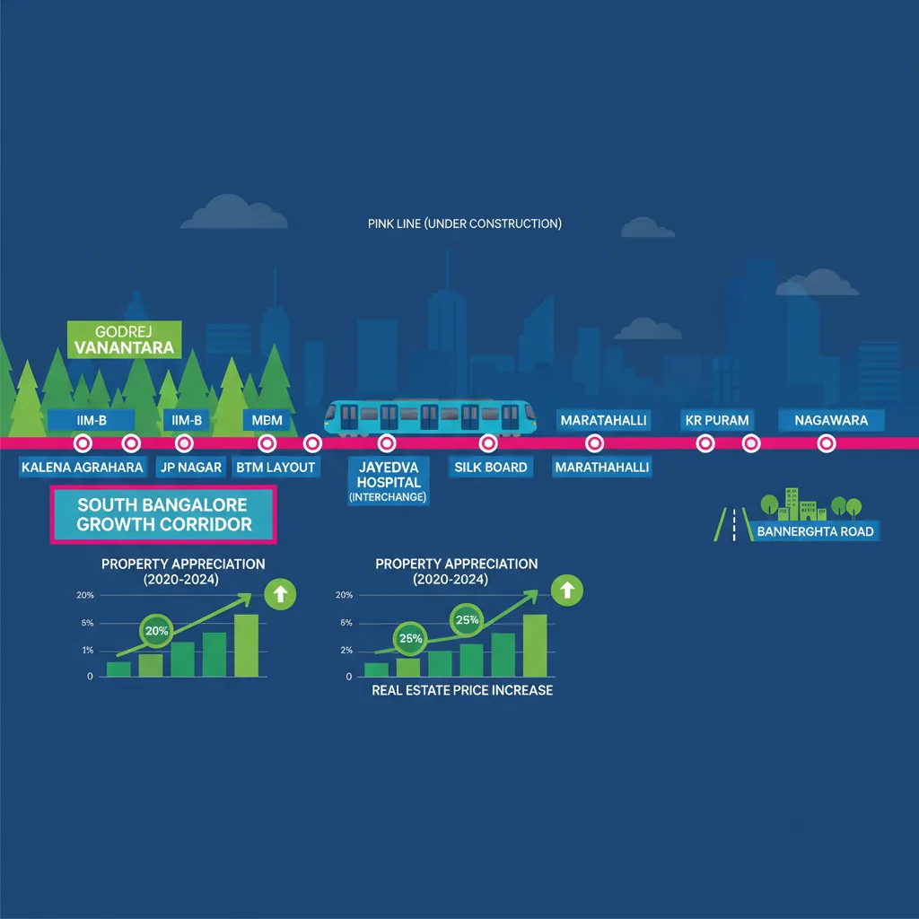 Bangalore Pink Line Metro route map infographic showing property appreciation trends and real estate growth data for South Bangalore corridor